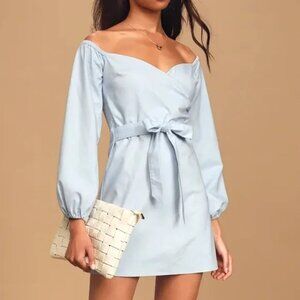 Lulus Pure Serenity Off-the-Shoulder Puff Sleeve Mini Tie Dress Blue Small S